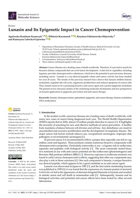 Pdf Lunasin And Its Epigenetic Impact In Cancer Chemoprevention