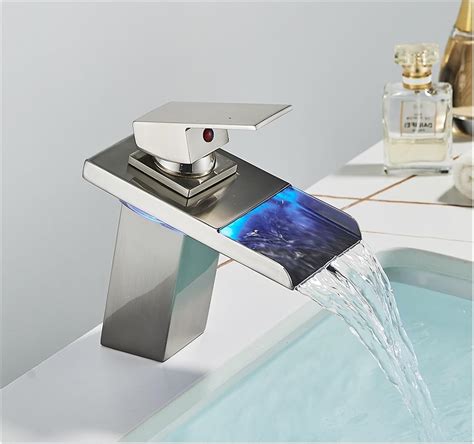Black Led Waterfall Basin Bathroom Faucet Deck Mounted Hot Cold Water Mixer Taps Three Color
