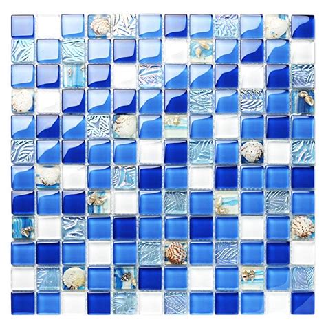 TST Glass Conch Tiles Beach Style Sea Blue White Glass Mosaic Mother Of