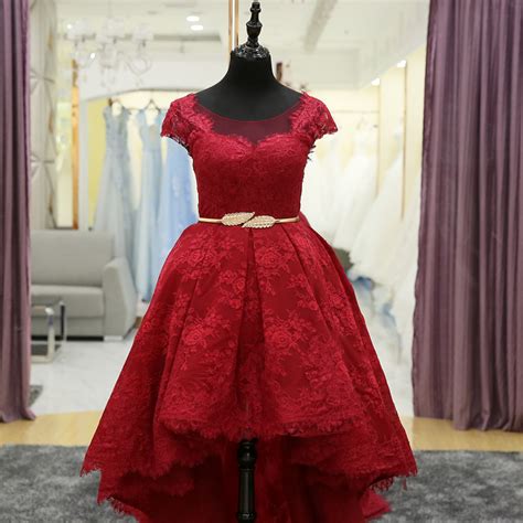 Elegant High Low Burgundy Lace Prom Evening Dresses Front Short Back