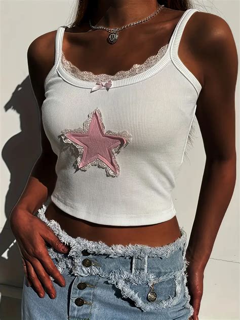 Grunge Star Pattern Lace Trim Crop Cami Top Sexy Crew Neck Sleeveless