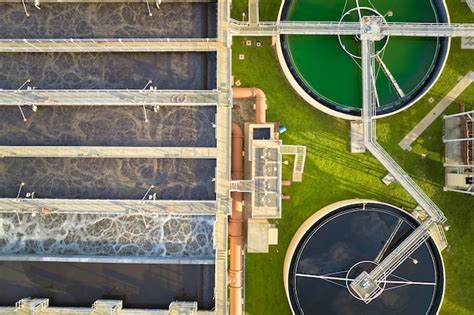 Aerial View Of Modern Water Cleaning Facility At Urban Wastewater