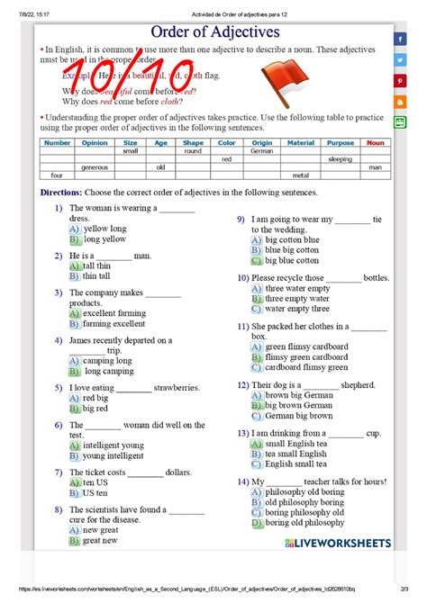Actividad De Order Of Adjectives Para Ingles Iv
