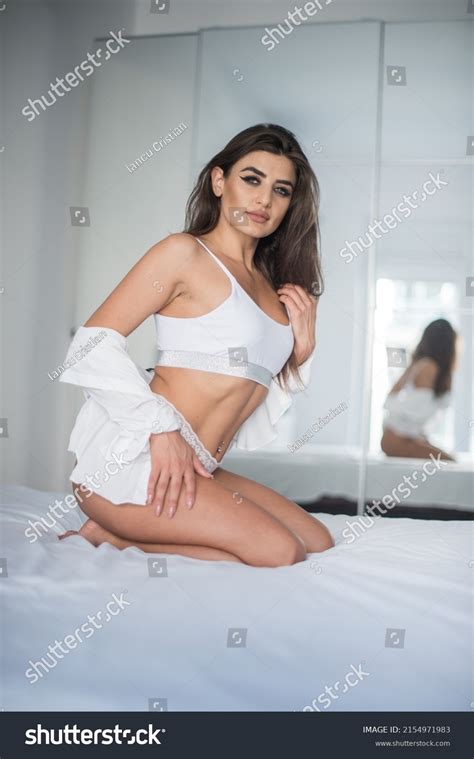 Attractive Sexy Brunette White Lingerie Posing Stock Photo Shutterstock