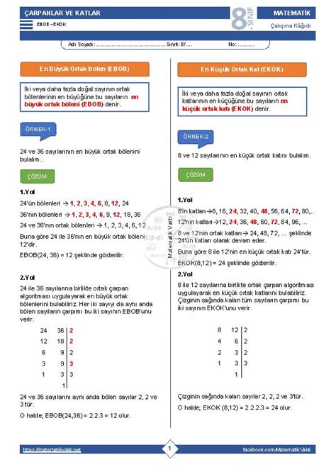 8 Sınıf EBOB EKOK Çalışma Kağıdı PDF İndir Matematik Vakti