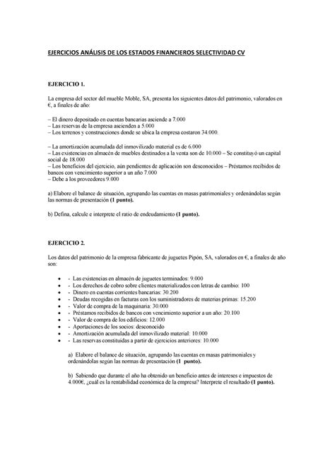 Ejercicios ANÁ Lisis DE LOS Estados Financieros Selectividad CV