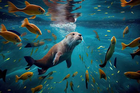 Cute Otter Swimming Underwater, Surrounded by Schools of Fish Stock Illustration - Illustration ...