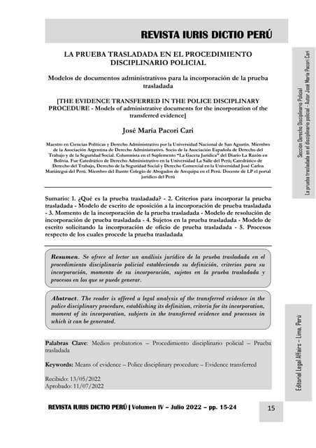 La Prueba Trasladada En El Procedimiento Disciplinario Policial Autor