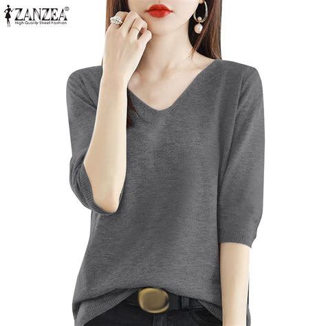 ZANZEA Women Korean Daily Casual U Neck Half Sleeve Knitted Blouse