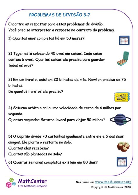 Terceiro Ano Planilhas Problemas De Divisão Math Center