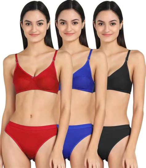 Buy Samvar Women Cotton Bra Panty Set For Lingerie Set Pack Of Color Red Blue Black