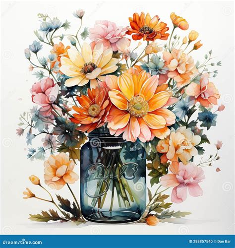 Watercolor Painting Depicting Vibrant Flowers In A Glass Vase