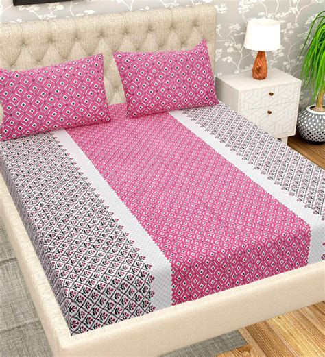 Buy Pink Geometric Tc Cotton Double King Sized Bedsheet With