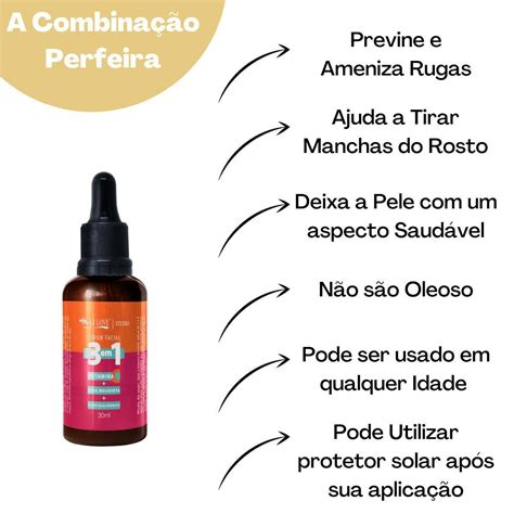 Sérum Facial 3 em 1 Vitamina C Rosa Mosqueta Ácido Hialurônico