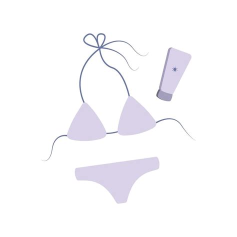 Flat Illustration Of A Purple Bikini Swimsuit And Sunscreen On A White Background The Swimsuit