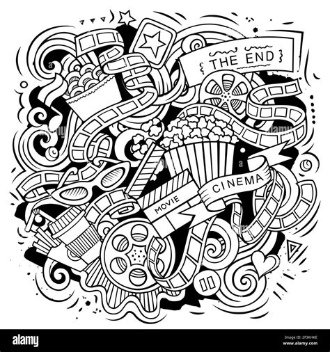 Cinema cartoon vector doodle design. Line art detailed composition with ...