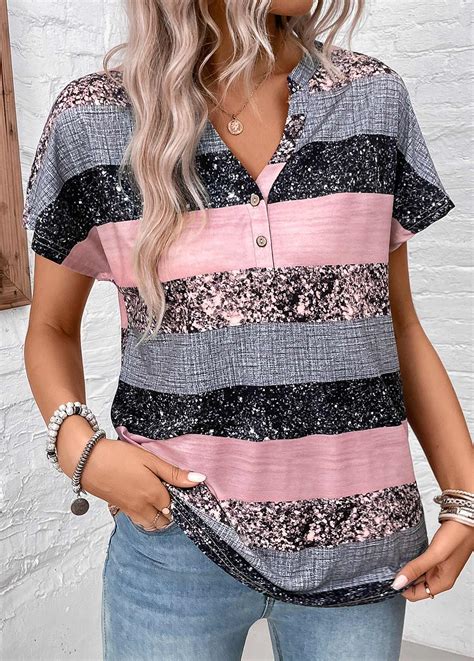 Striped Button Grey Short Sleeve Split Neck Blouse Rosewe USD