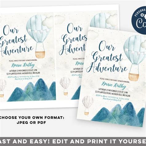 Adventure Awaits Baby Shower Invitation Hot Air Balloon Baby Etsy