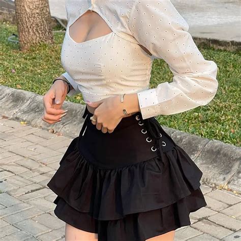 Minifalda Retro De Cintura Alta Para Mujer Falda Corta Negra Con