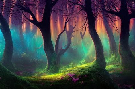 Premium Photo Fantasy Magical Fairy Tale Forest Neon Sunset Rays Of