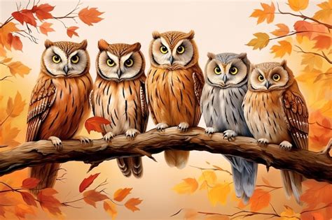 Premium Ai Image Owls Perched On Branches Vector Fall Background