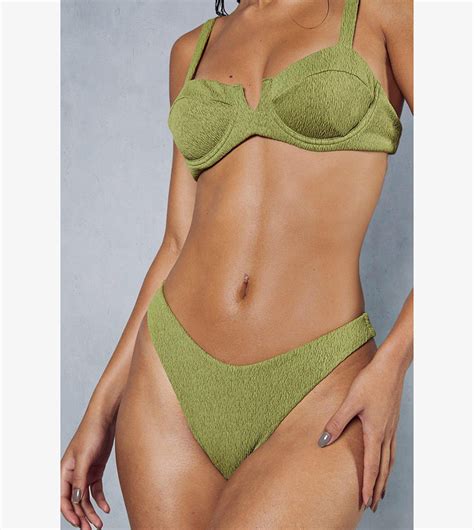 Buy Misspap Crinkle Textured V Bar Cupped Bikini Set In Khaki Thstreet Kuwait