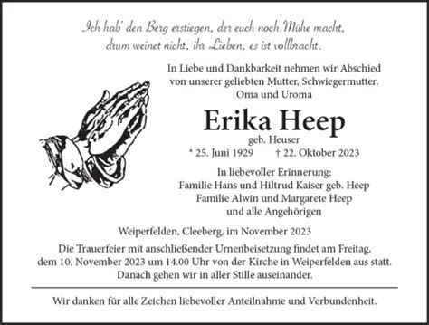 Traueranzeigen Von Erika Heep Vrm Trauer De