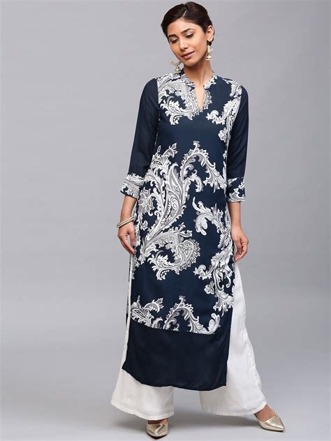 Buy AKS Women Navy White Printed Straight Kurta Kurtas For Women