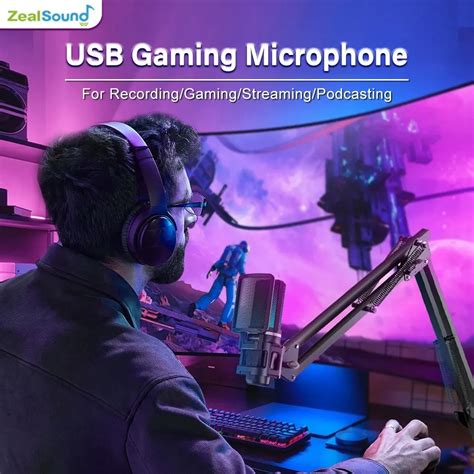 Zealsound Rgb Usb Gaming Microphone With Articulated Arm Condenser Mic With Tripod For Recording