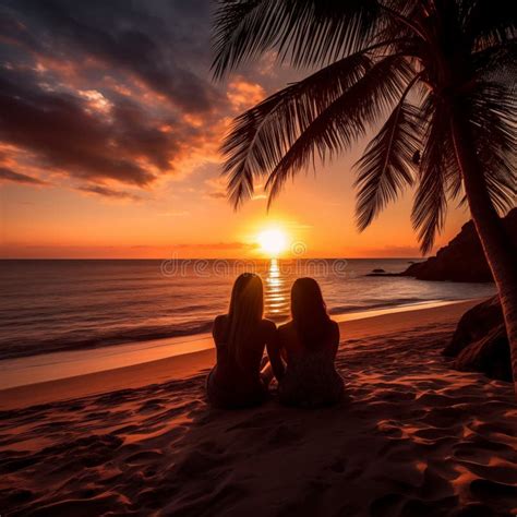 Romantic Lesbian Couple On Beach At Sunset Stock Image Image Of Coast