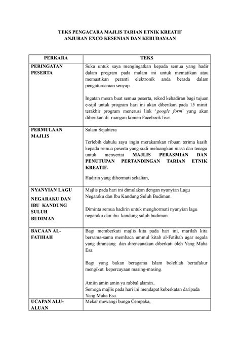 Teks Pengacara Majlis Tarian Etnik Kreatif Teks Pengacara Majlis