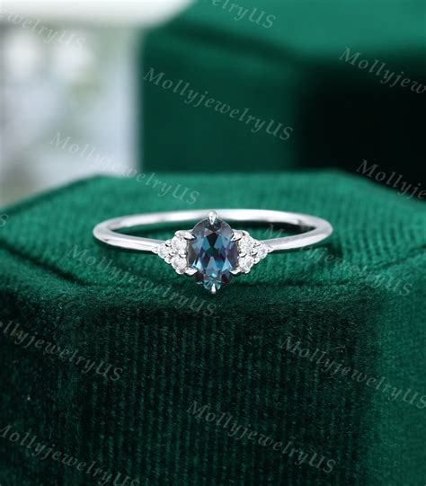 Oval Alexandrite Engagement Ring White Gold Unique Cluster Engagement Ring Woman Vintage Dainty ...