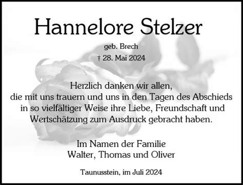 Traueranzeigen Von Hannelore Stelzer Vrm Trauer De