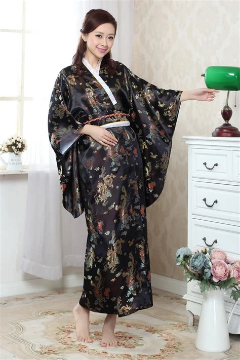 Free Shipping Black Vintage Japanese Womens Silk Satin Kimono Yukata