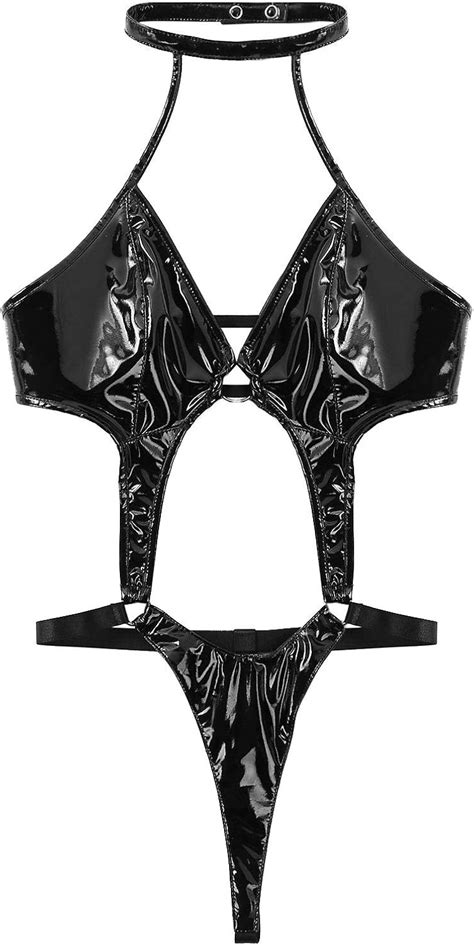 Amazon Mufeng Women S Teddy Lingerie Bodysuit Faux Leather Halter Cut Out Backless Thong
