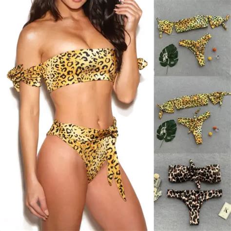 Women Sexy Bikinis Set Bow Knot Bra Thong Bottom Leopard Bikini Swimsuits Swimwear Beachwear