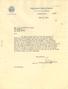 Letter from United States Treasury Department Office of the Secretary ...