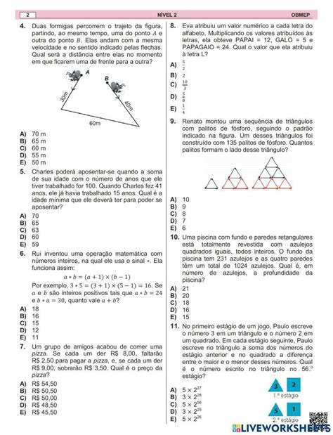 Prova obmep nivel 2 worksheet | Live Worksheets