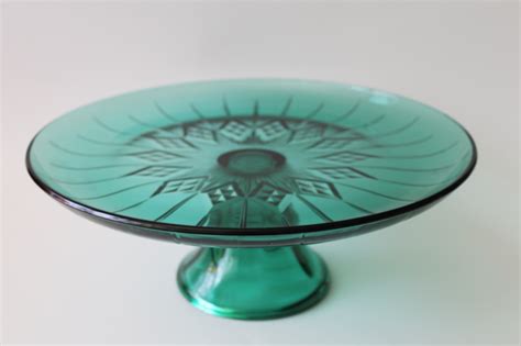 Vintage Teal Green Glass Cake Plate Canfield Pattern Anchor Hocking