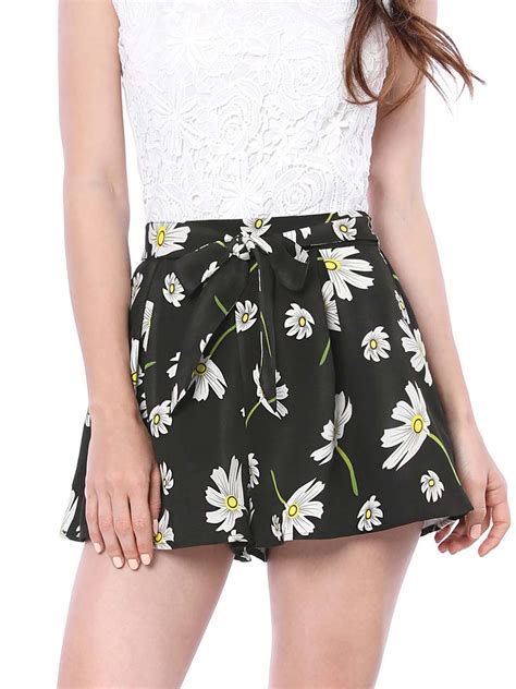 Unique Bargains Women S Floral Print Elastic Tie Waist Beach Short