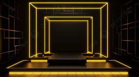 Yellow Neon Frame Surrounds Black 3d Rendered Stage Background Square