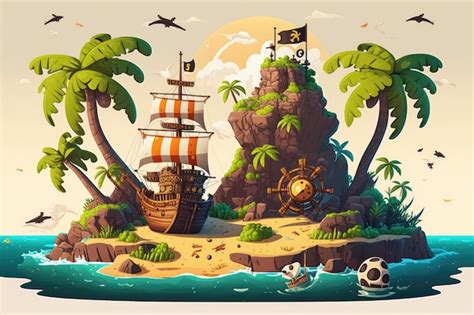 Dibujos Animados De Una Isla Tropical Con Piratas Paisaje Marino De