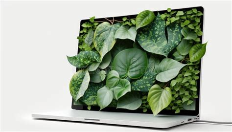 Laptop Covered with Green Leaves, White Clean Studio Background . Stock ...