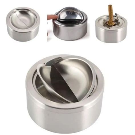 Eatingbiting R Round Stainless Steel Cigarette Lidded Ashtray Silver