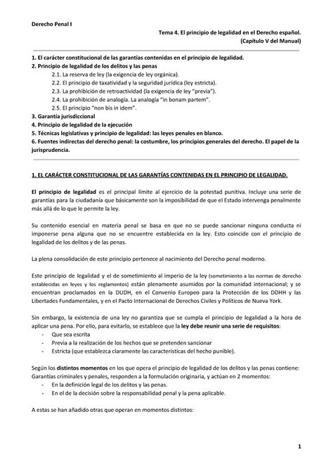 Tema 4 Penal 1 Tema 4 El Principio De Legalidad En El Derecho Español Capítulo V Del