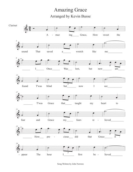 Amazing Grace In The Easy Key Of C Clarinet Arr Kevin Busse By