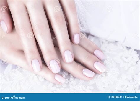 Nude Nail Polish Beige Manicure With Pearls On A White Background Stock Image Image Of