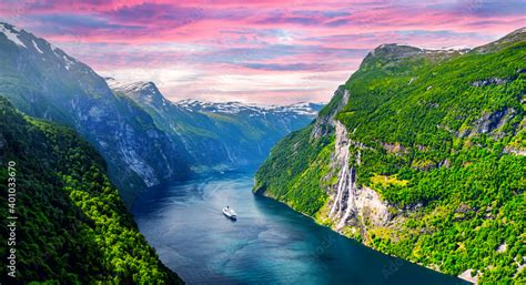 Panorama Of Breathtaking View Of Sunnylvsfjorden Fjord And Famous Seven