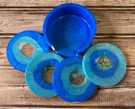 Shades Of Blue Coaster Set Coasters W Holder Resin Coaster Set Set Of