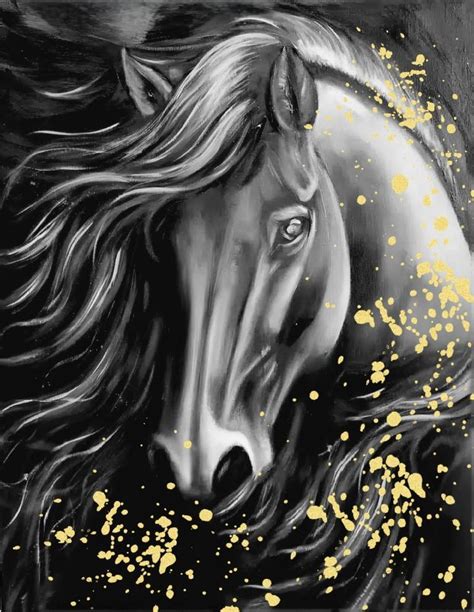 Grey & Gold Horse Painting wih gold leaf work black and white art ...